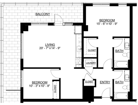 Floor plan for 2 beds, 2 baths, 1043 sqft